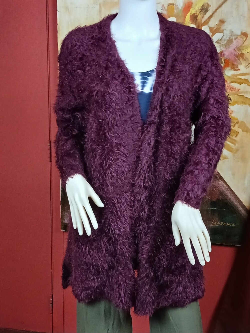 Chelsea & Theodore Berry Eyelash Knit Fuzzy Open Front Cardigan Pockets Size S